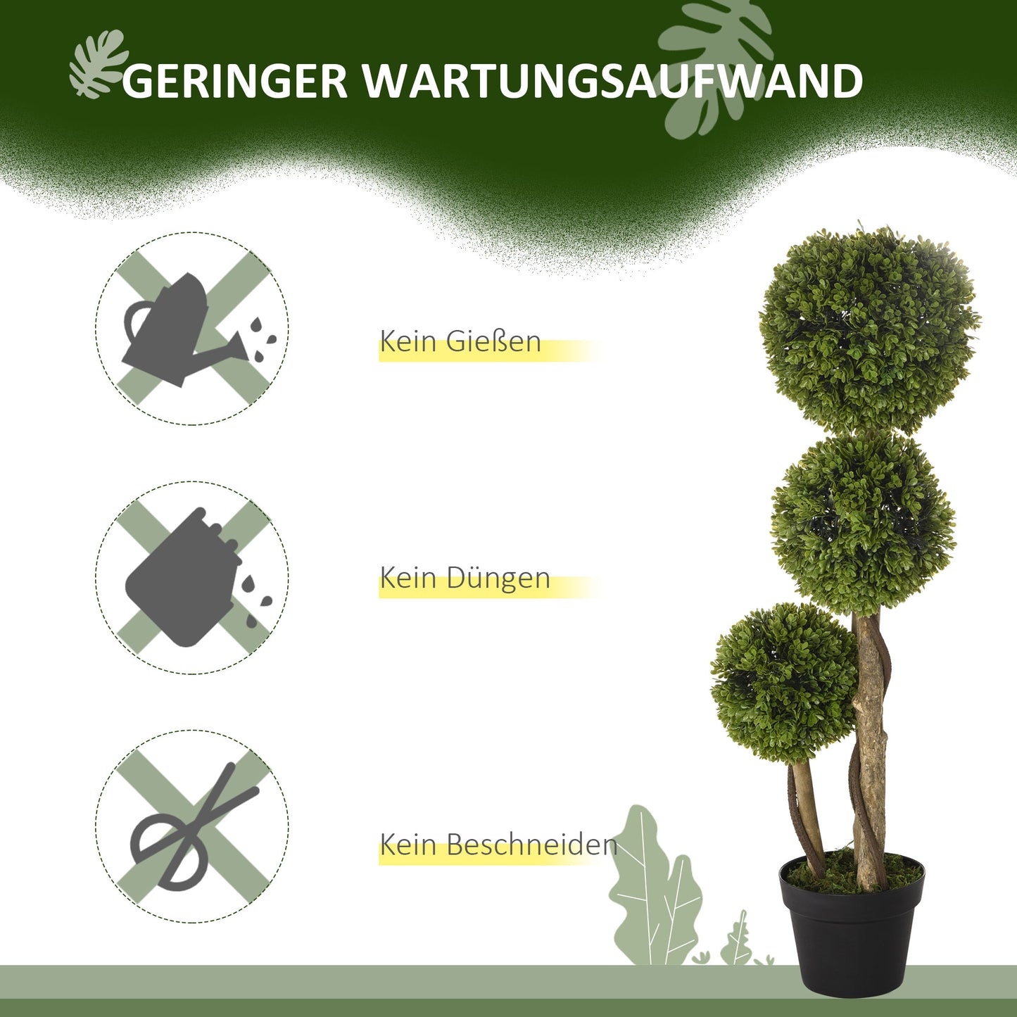 HOMCOM Künstlicher Buchsbaum, Kunstpflanze, realistisches Aussehen, Outdoor, Grün + Schwarz