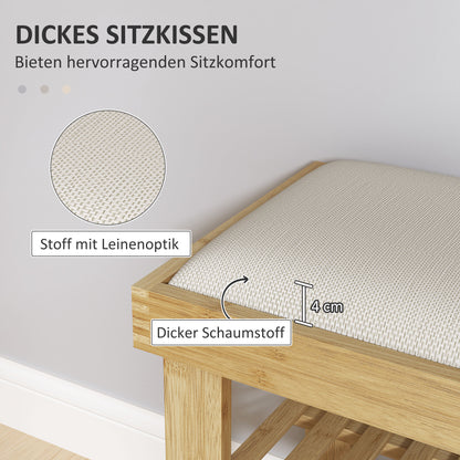 HOMCOM Schuhbank mit Sitzfläche, Bambus Sitzbank mit Staurum, 2 offene Fächer, Sitzbank 60 x 29 x 49 cm Cremeweiß