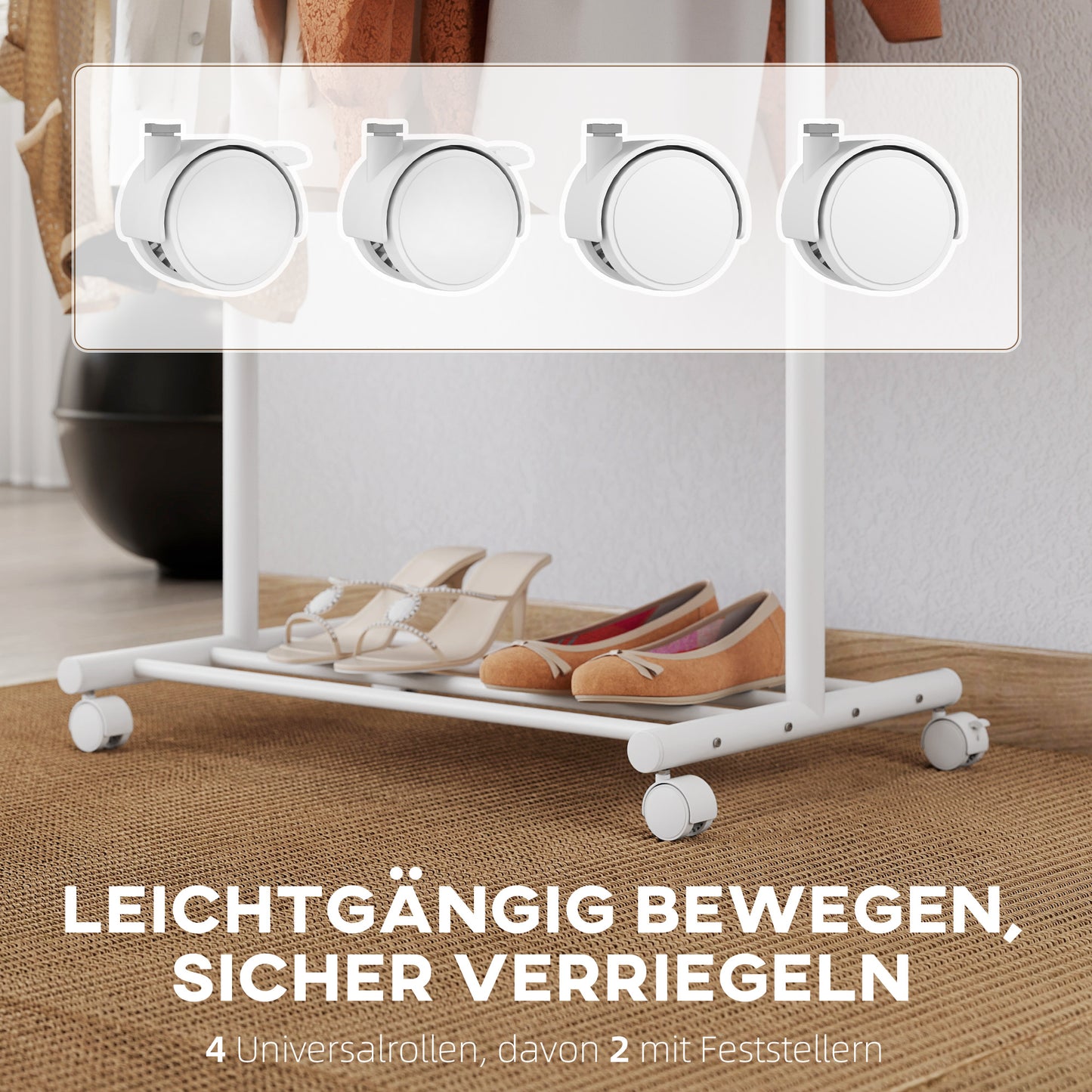 HOMCOM Kleiderständer mit Rolle, mobiler Garderobenständer mit Kleiderstange, 5 Haken, Schuhregal Weiß