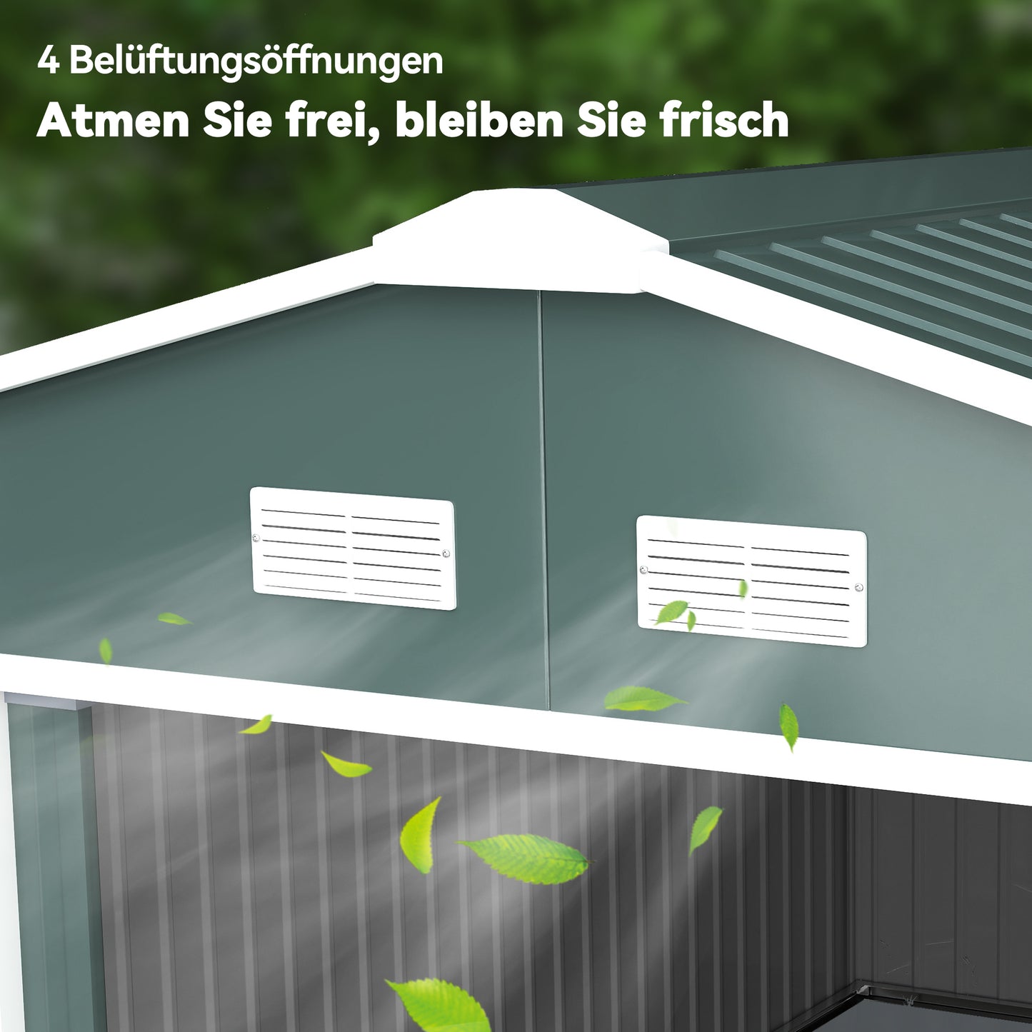 Outsunny Geräteschuppen, Wetterfestes Gartenhaus für Gartengeräte, mit Belüftungsfenstern, Schiebetüren, Stahl, Dunkelgrün