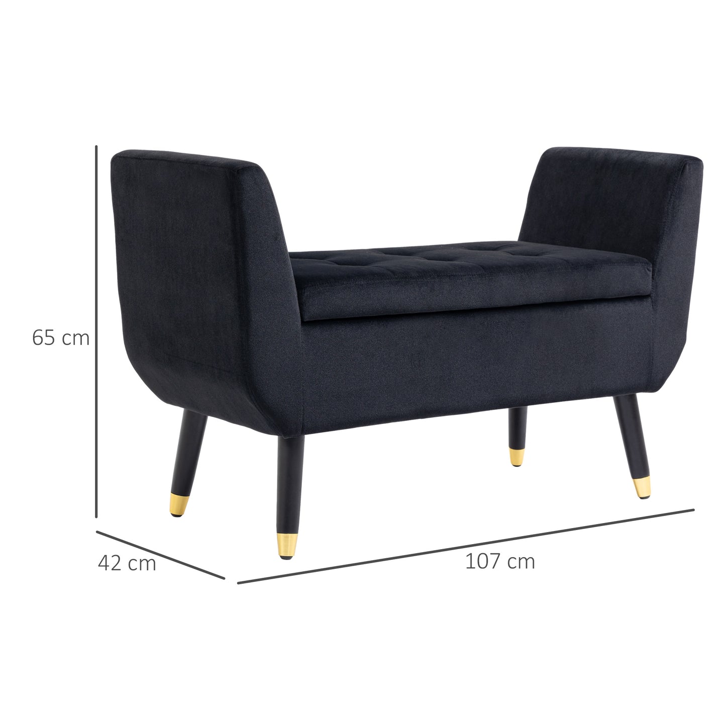 HOMCOM Sitzbank mit Stauraum Armlehnen Polsterbank mit Samtoptik, Sitztruhe mit Holzbeine, Truhenbank für Wohnzimmer Schlafzimmer Flur 107 x 42 x 65 cm, Schwarz