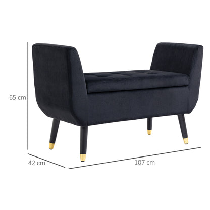 HOMCOM Sitzbank mit Stauraum Armlehnen Polsterbank mit Samtoptik, Sitztruhe mit Holzbeine, Truhenbank für Wohnzimmer Schlafzimmer Flur 107 x 42 x 65 cm, Schwarz