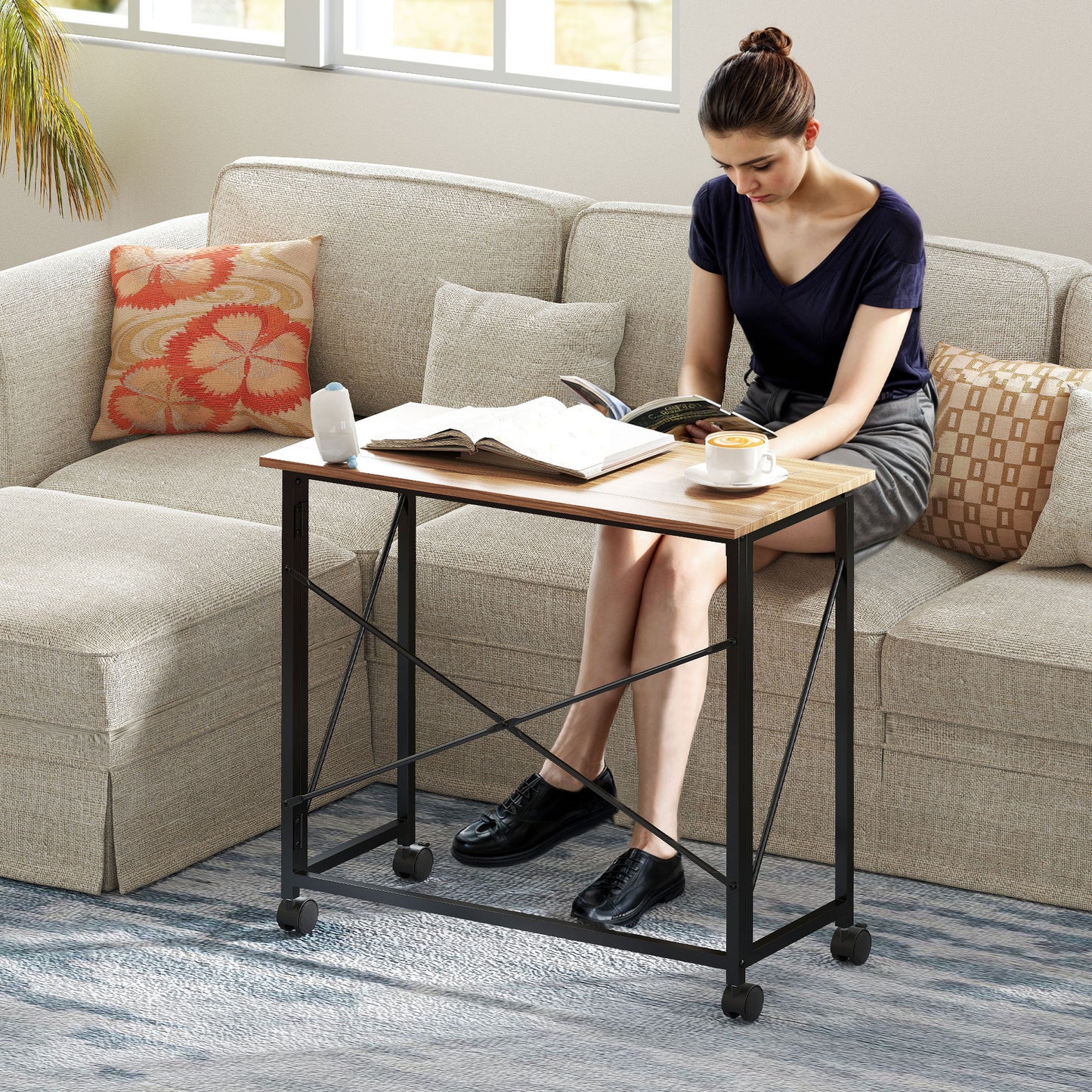 HOMCOM Klappbarer Schreibtisch mit Rädern, platzsparend, Stahl, MDF, Eiche