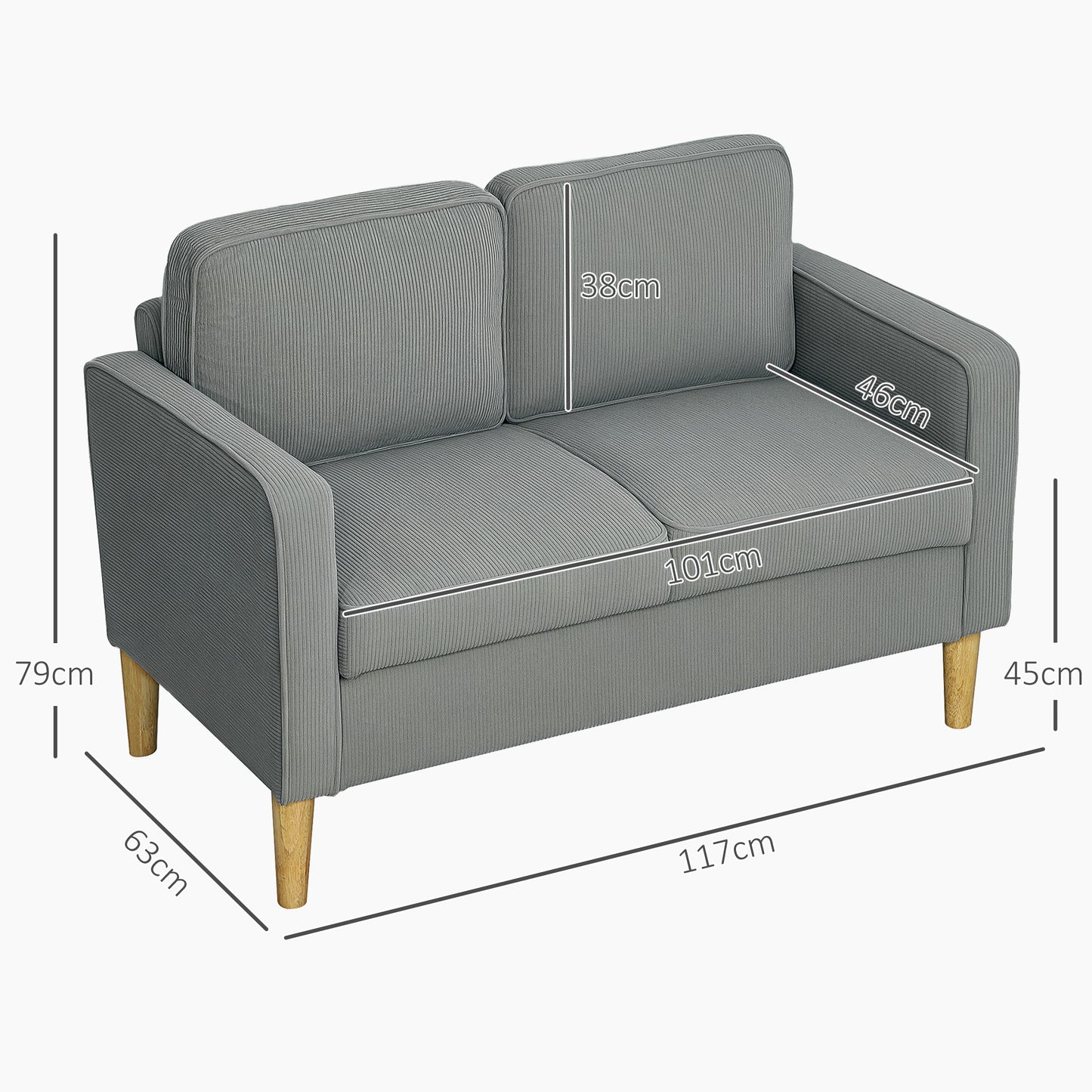 HOMCOM Zweisitzer-Sofa mit Stauraum und soliden Holzbeinen, für Wohnzimmer, Schlafzimmer, 117 x 63 x 79 cm, Hellgrau