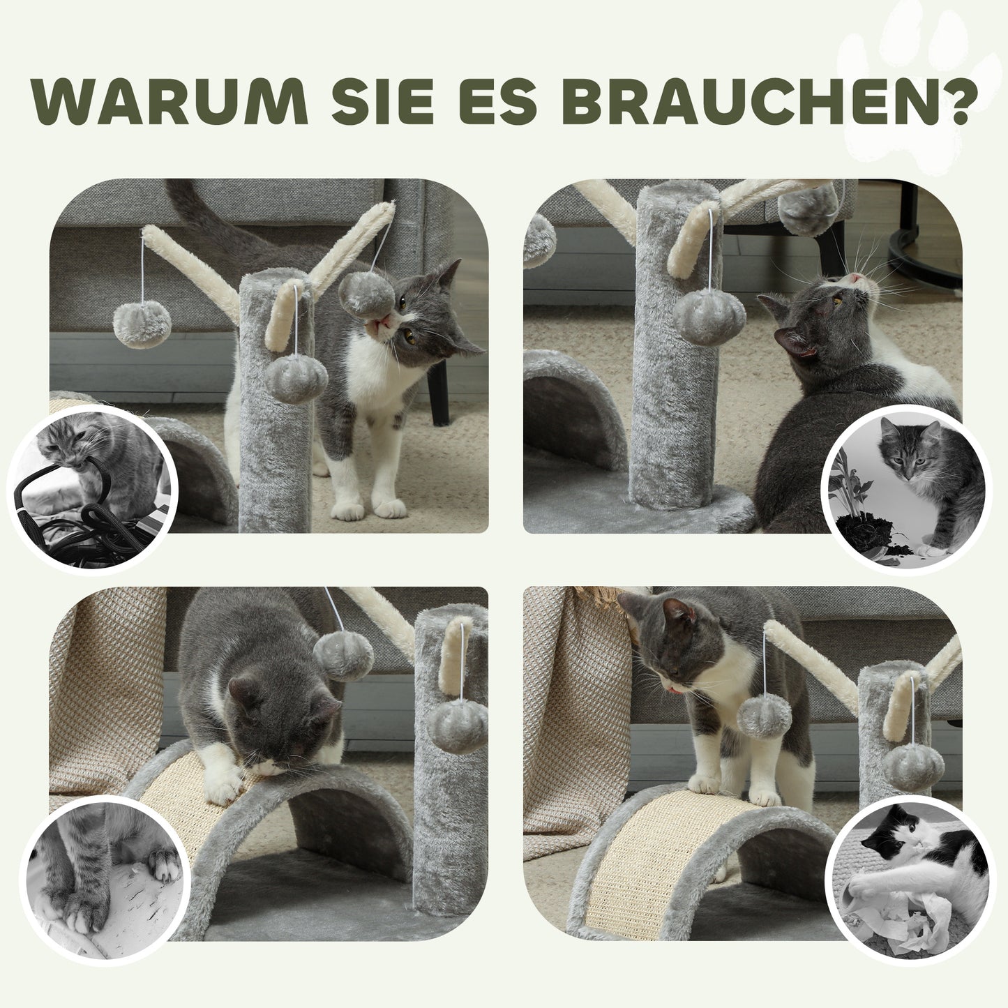 PawHut Kratzbaum 40 cm Kleiner Katzenturm mit Höhle, 2 Spielball, Kratzmatte, Katzenkratzbaum, Kletterbaum, für kleine &amp; große Katzen, Hellgrau