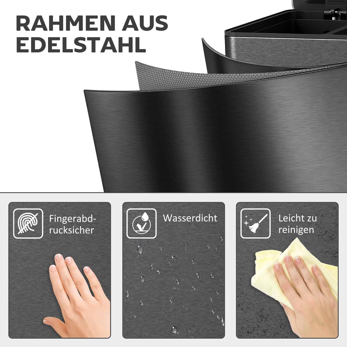 HOMCOM Mülleimer mit 3 x 20 L Fächern, Deodorant-Deckel, fingerabdrucksicher, Soft-Close, herausnehmbar, Schwarz