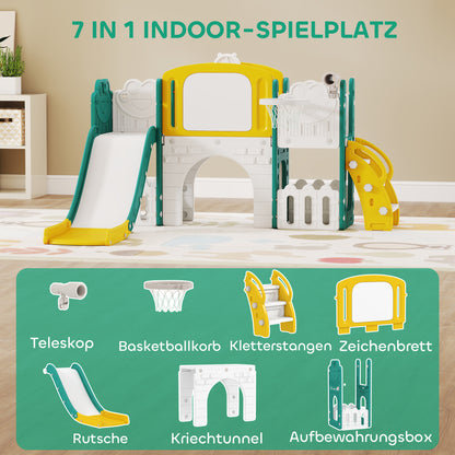 AIYAPLAY 7-in-1 Rutschenset für Kleinkinder, Basketballkorb, Froschdesign, Klettergerüst, Schaukelsitz, für drinnen und draußen, Gelb+Grün