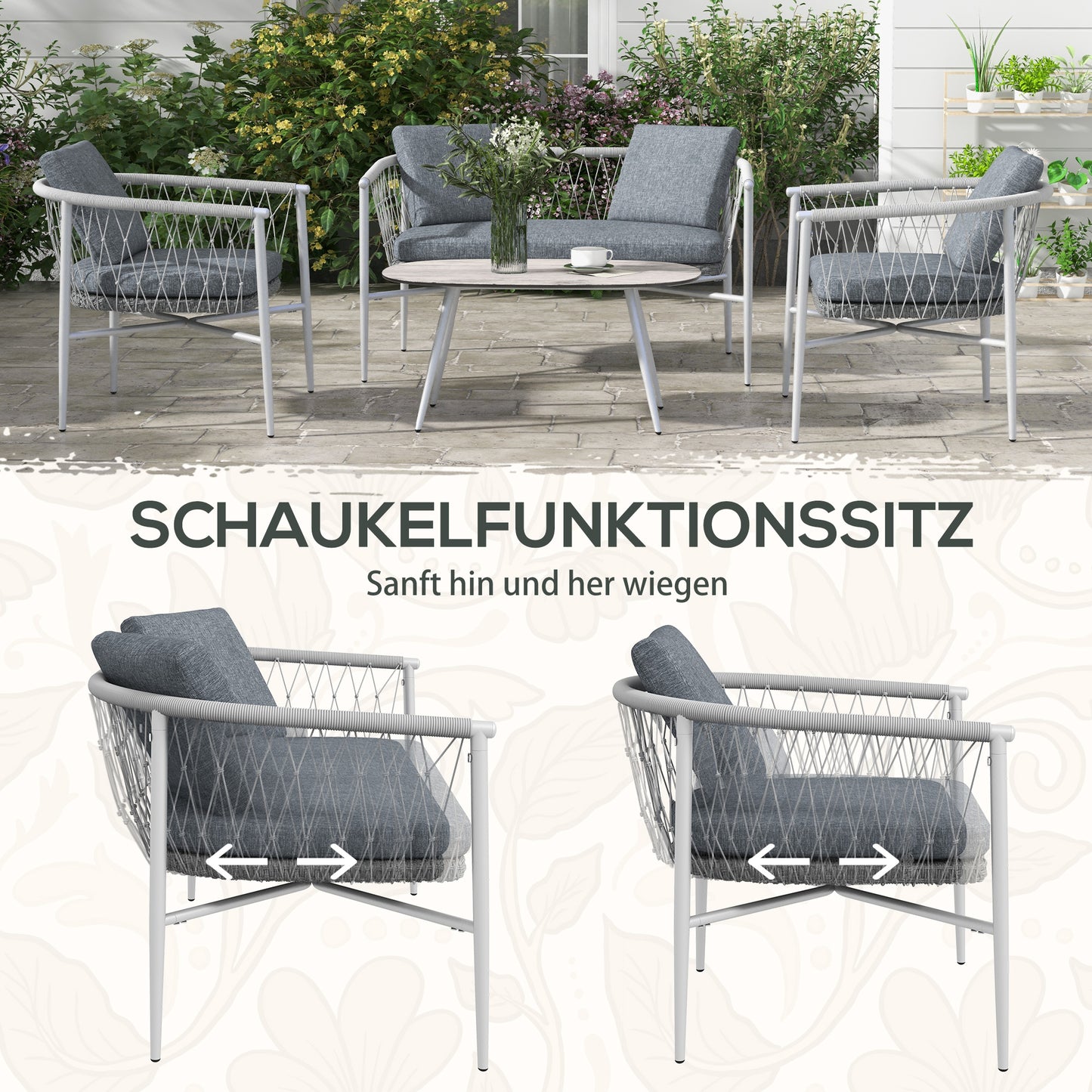 Outsunny Gartengarnitur, 4-teilig, Schaukelfunktion, Sitzauflagen, Polyrattan, Metallgestell, Grau