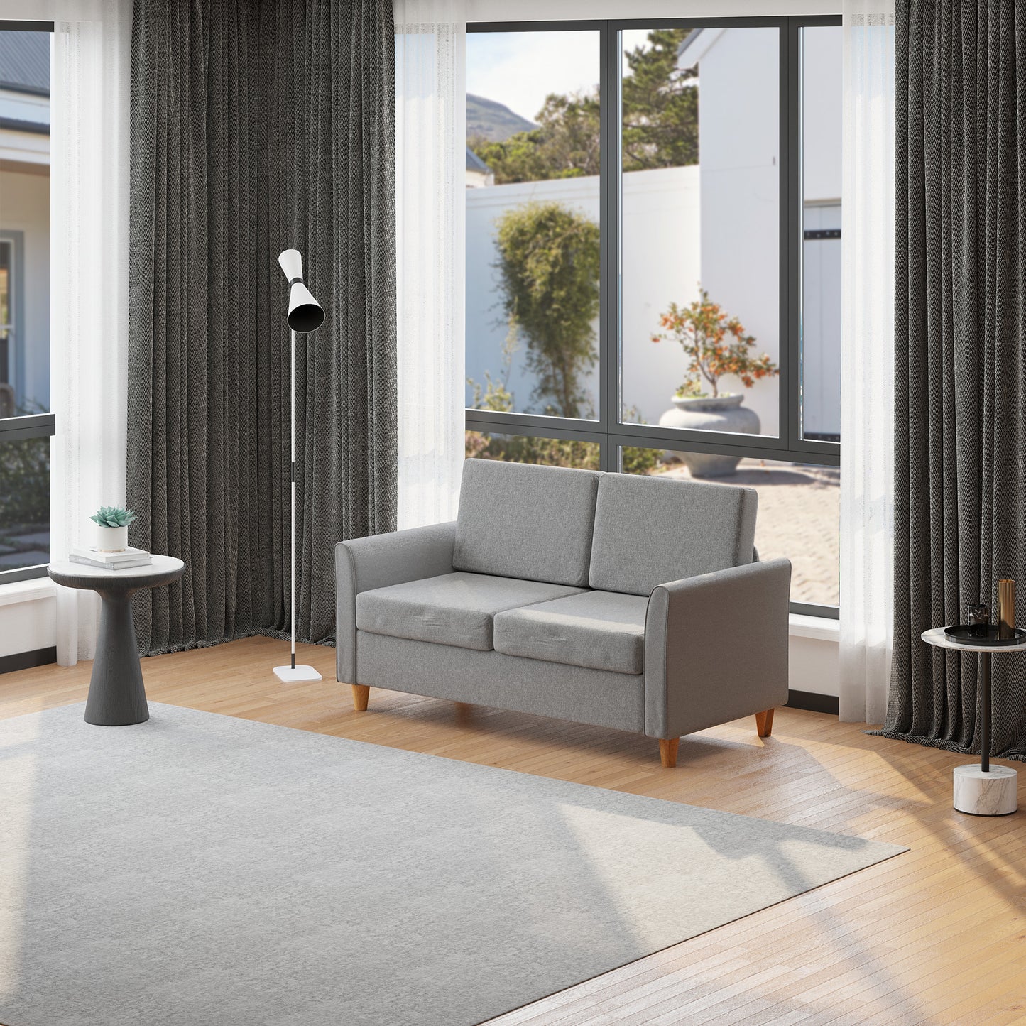 HOMCOM® Zweisitzer Sofa | Abnehmbare Kissen | Leinen, Schaumstoff, Kautschukholz | Hellgrau | 141 x 70 x 78 cm