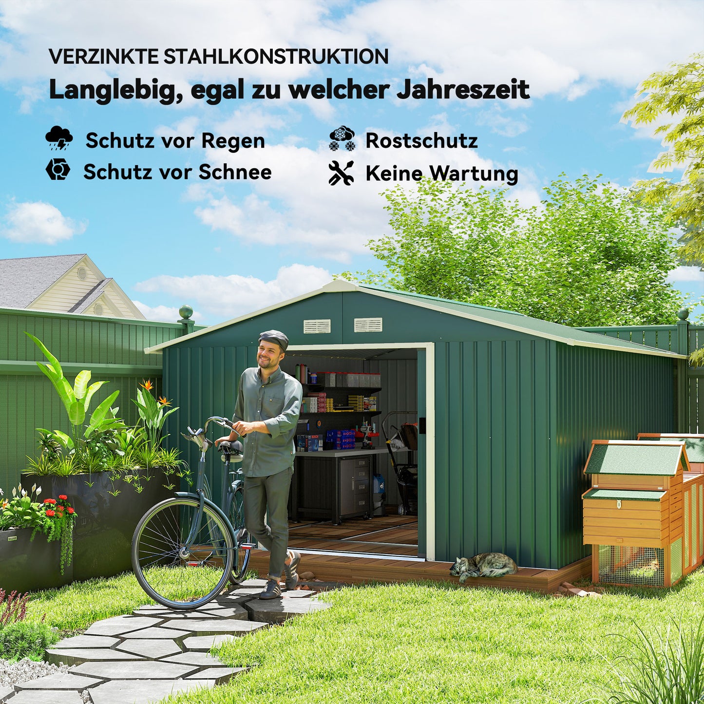 Outsunny Geräteschuppen, Wetterfestes Gartenhaus für Gartengeräte, mit Belüftungsfenstern, Schiebetüren, Stahl, Dunkelgrün