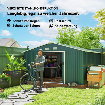 Outsunny Geräteschuppen, Wetterfestes Gartenhaus für Gartengeräte, mit Belüftungsfenstern, Schiebetüren, Stahl, Dunkelgrün