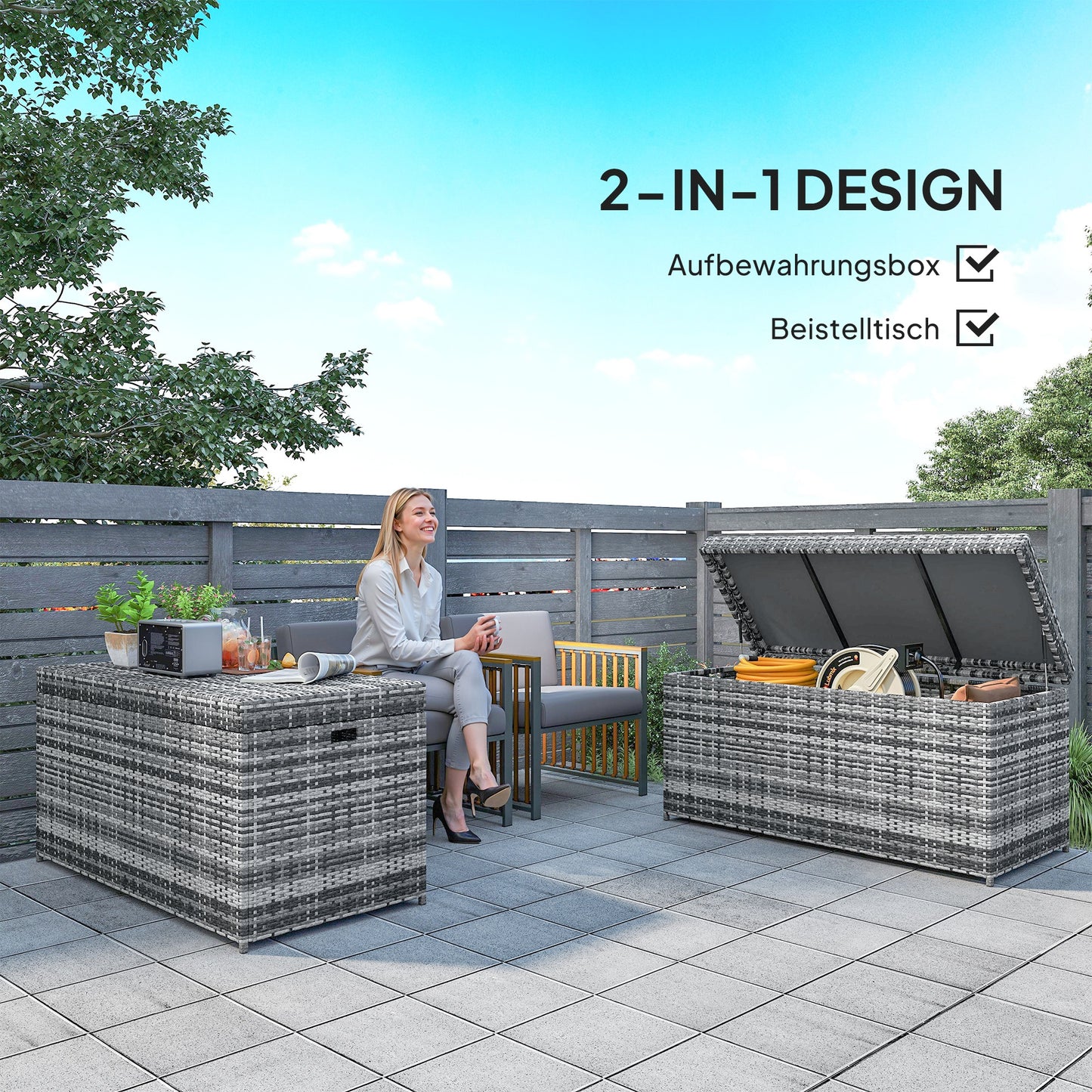 Outsunny Rattan Auflagenbox 380L vattenfest Kissenbox mit Deckel Staurum UV-beständig 130 x 61 x 65 cm Dunkelgrau