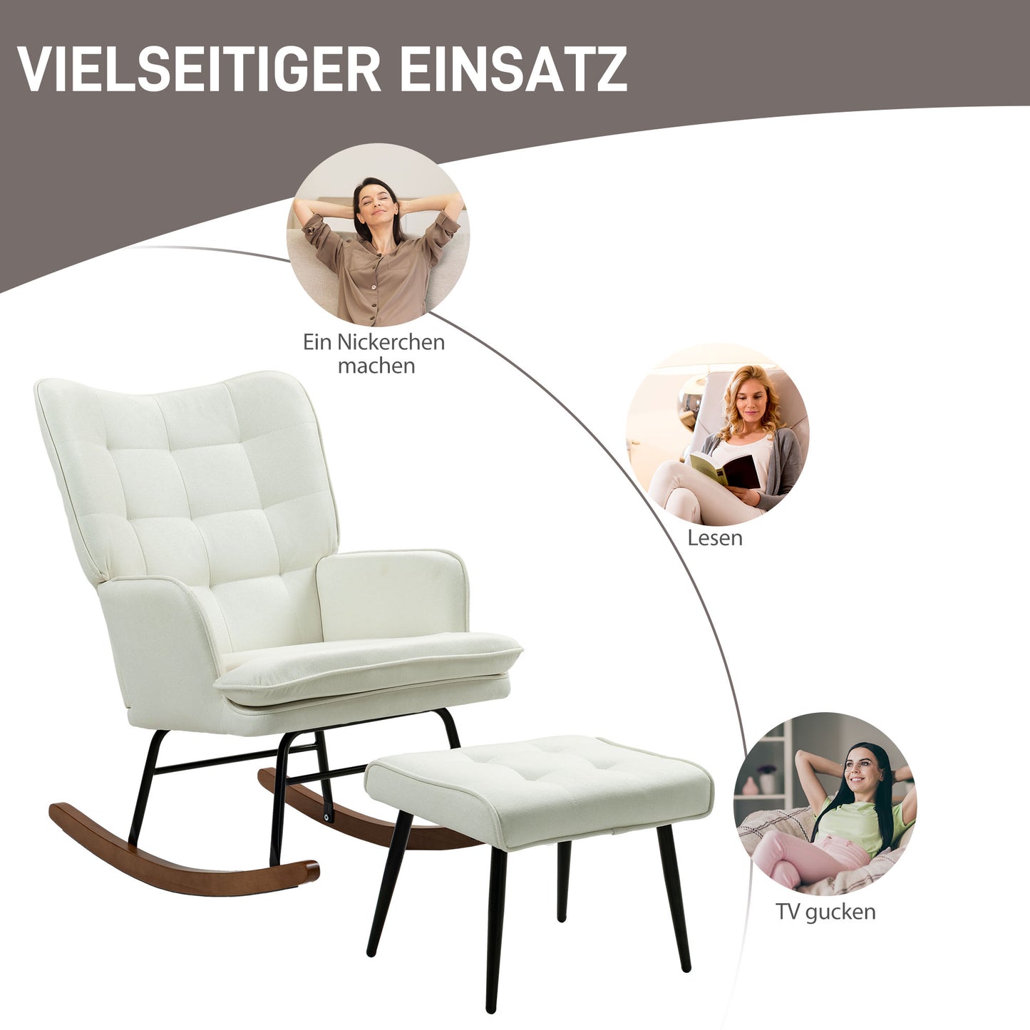 HOMCOM Schaukelstuhl mit Hocker, sanftes Schaukelsystem, Leinenimitat, 64 x 89 x 90 cm, Cremeweiß