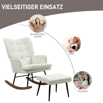 HOMCOM Schaukelstuhl mit Hocker, sanftes Schaukelsystem, Leinenimitat, 64 x 89 x 90 cm, Cremeweiß