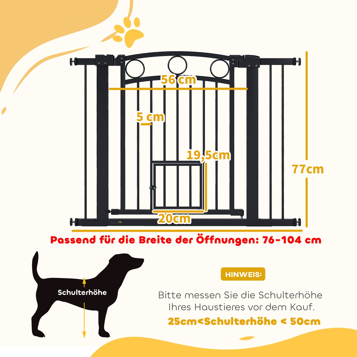 PawHut Haustiertor, 77 cm Treppengatter, verstellbar Breite 76-104 cm, mit Katzentür, für Treppen och Türöffnungen, Schwarz