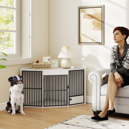 PawHut Hundebox, Aufenthaltsbox för små och mittelgroße Hunde, Haustierbox, Fütterungstür, MDF, Metall, Weiß