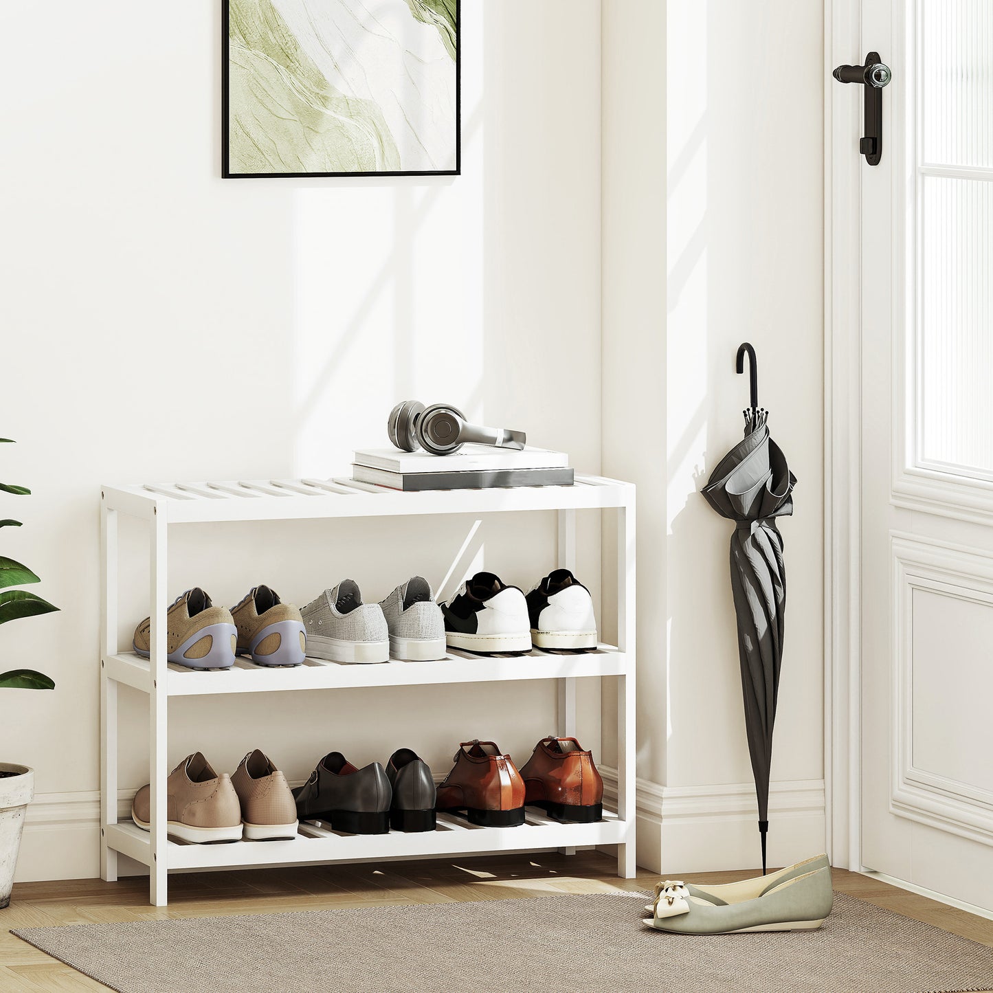HOMCOM 3-stufiges Bambusregal, Schuhregal, Aufbewahrungsregal, lackierte Oberfläche, Weiß