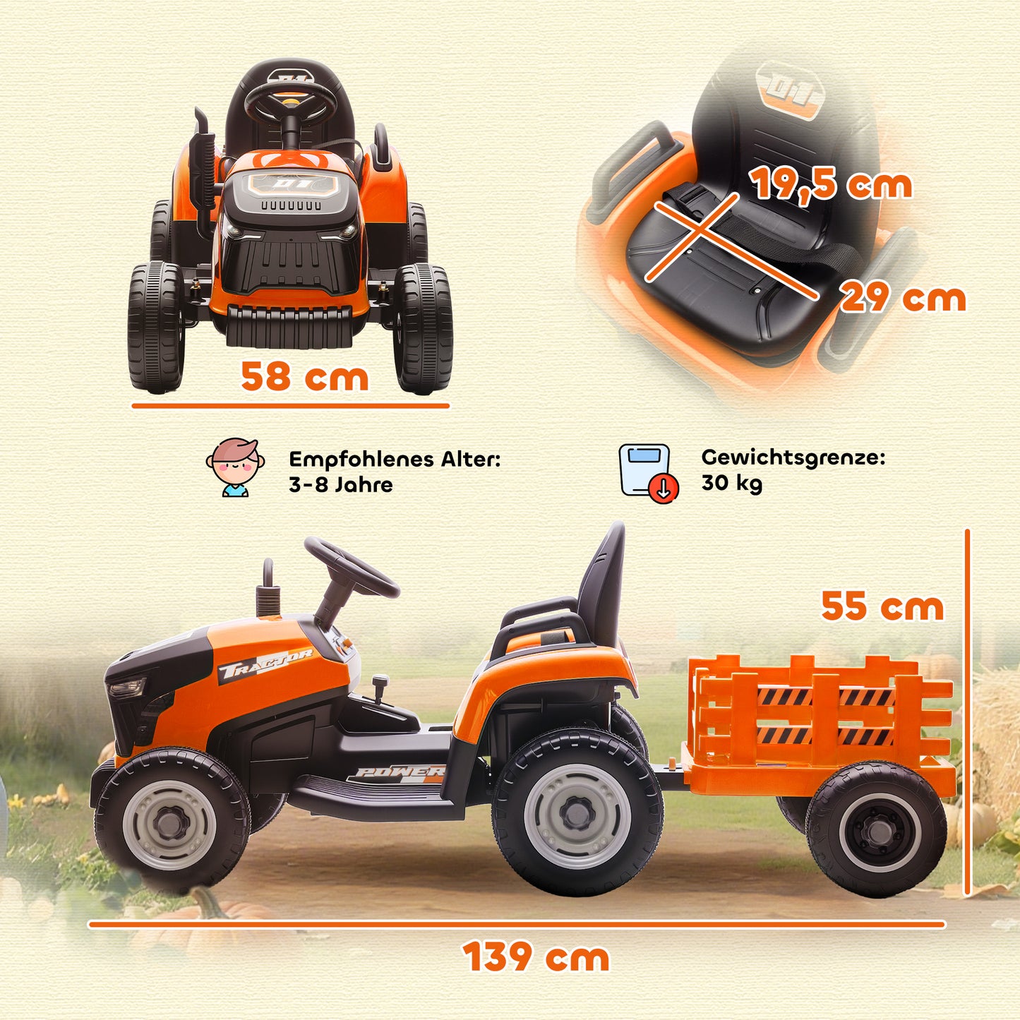 AIYAPLAY Elektrischer Kindertraktor, Aufsitz-Traktor mit Fernbedienung, Soft-Start, für Kinder im Alter von 3-8 Jahren, Orange