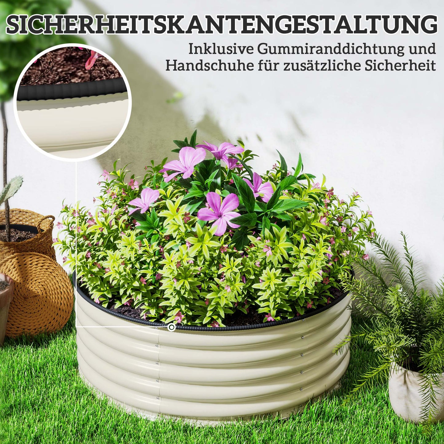 Outsunny Hochbeet, Verzinkter Pflanzkübel mit Sicherheitsrand, Pflanzbox mit offenem Boden, 120 x 120 x 43 cm, Cremeweiß