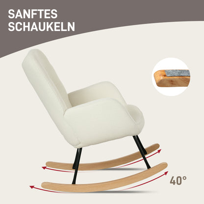 HOMCOM Schaukelstuhl in Vliesoptik mit Armlehnen, Ergonomischer Sessel mit Holzkufen, für Wohnzimmer, Schlafzimmer, Weiß