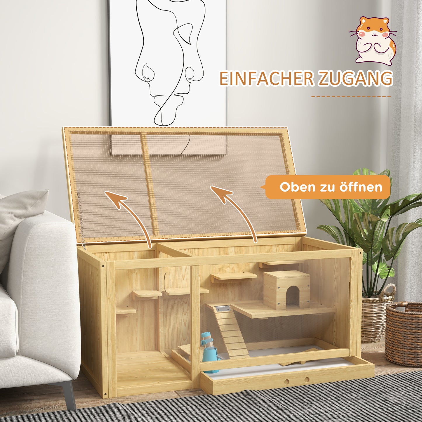 PawHut Kleintierkäfig Nagekäfig, Tannenholz, inkl. Zubehör und Tränke, 100 x 50 x 50 cm, Natur