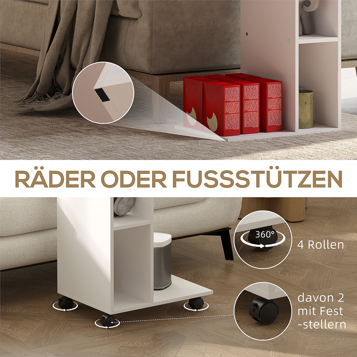 HOMCOM Beistelltisch, C-förmiger Servierwagen, 4 Rollen, 3 Fächer, 40 x 30 x 69 cm, Weiß