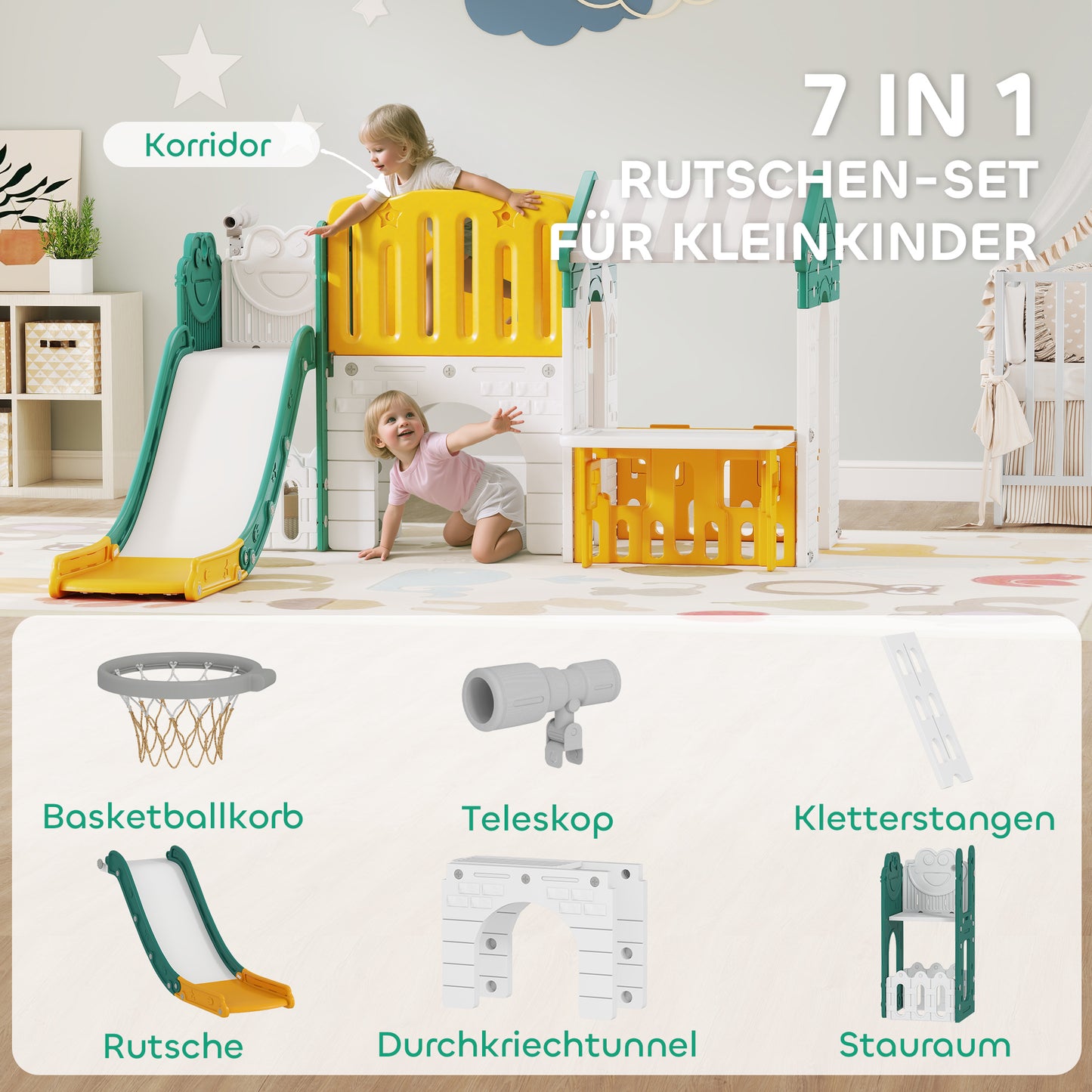 AIYAPLAY 7-in-1 Kinderrutsche, Indoor-Spielplatz, Klettergerüst, Haus, Tafel, Basketballkorb, 1-4 Jahre, Kunststoff, Gelb+Grün