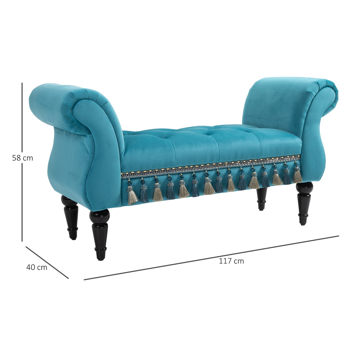 HOMCOM Sitzbank Polsterbank mit Samt-Bezug, Armlehne Bettbank mit Holzrahmen, Schuhbank für Schlafzimmer, Wohnzimmer, Flur 117 x 40 x 58 cm Blå