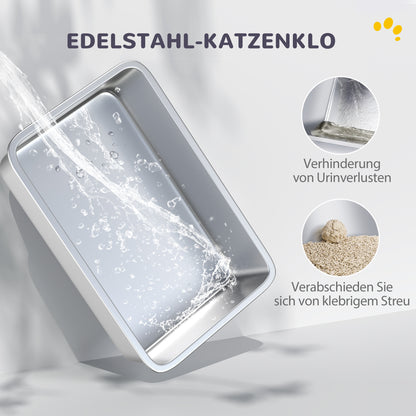 PawHut Katzentoilette, Wanne aus Edelstahl, Filter, Schaufel, für Katzen bis 6 kg, 40,5 x 60,5 x 41,5 cm, Weiß/Silber