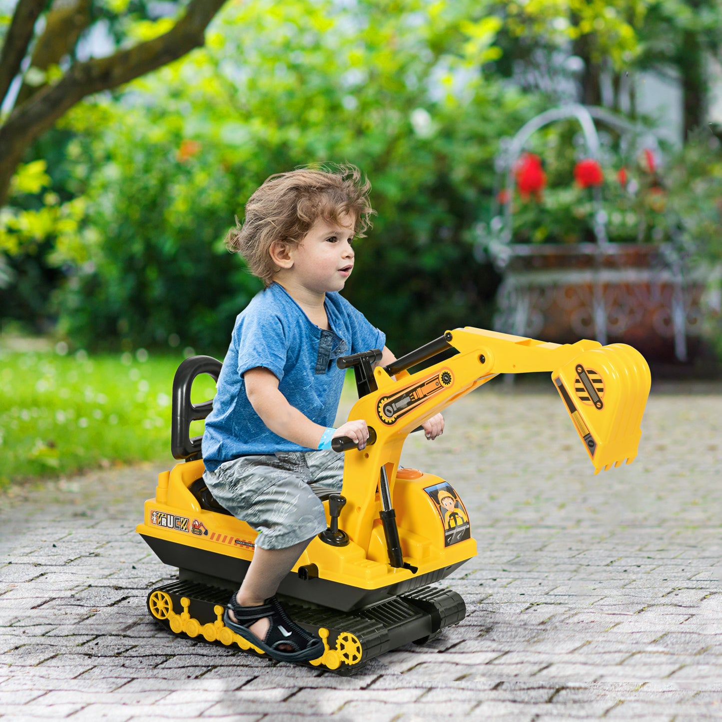 HOMCOM Sitzbagger Aufsitzbagger mit Schaufel Hupe, Kinderbagger mit Stauraum unter Sitz, Rutschauto Baggerfahrzeug zum Sitzen bis 30kg, Draufsitzen Sandbagger für Kinder 1,5-4 Jahre Gelb