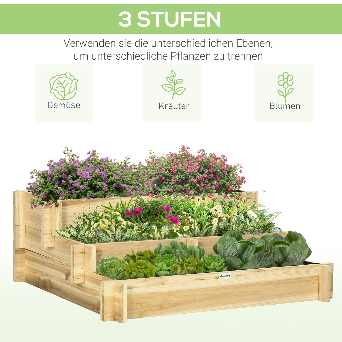 Outsunny Hochbeet, Blumenkasten, 3-stufig, Drainageöffnung, Stoffauskleidung, Naturholz, 93 x 93 x 35 cm