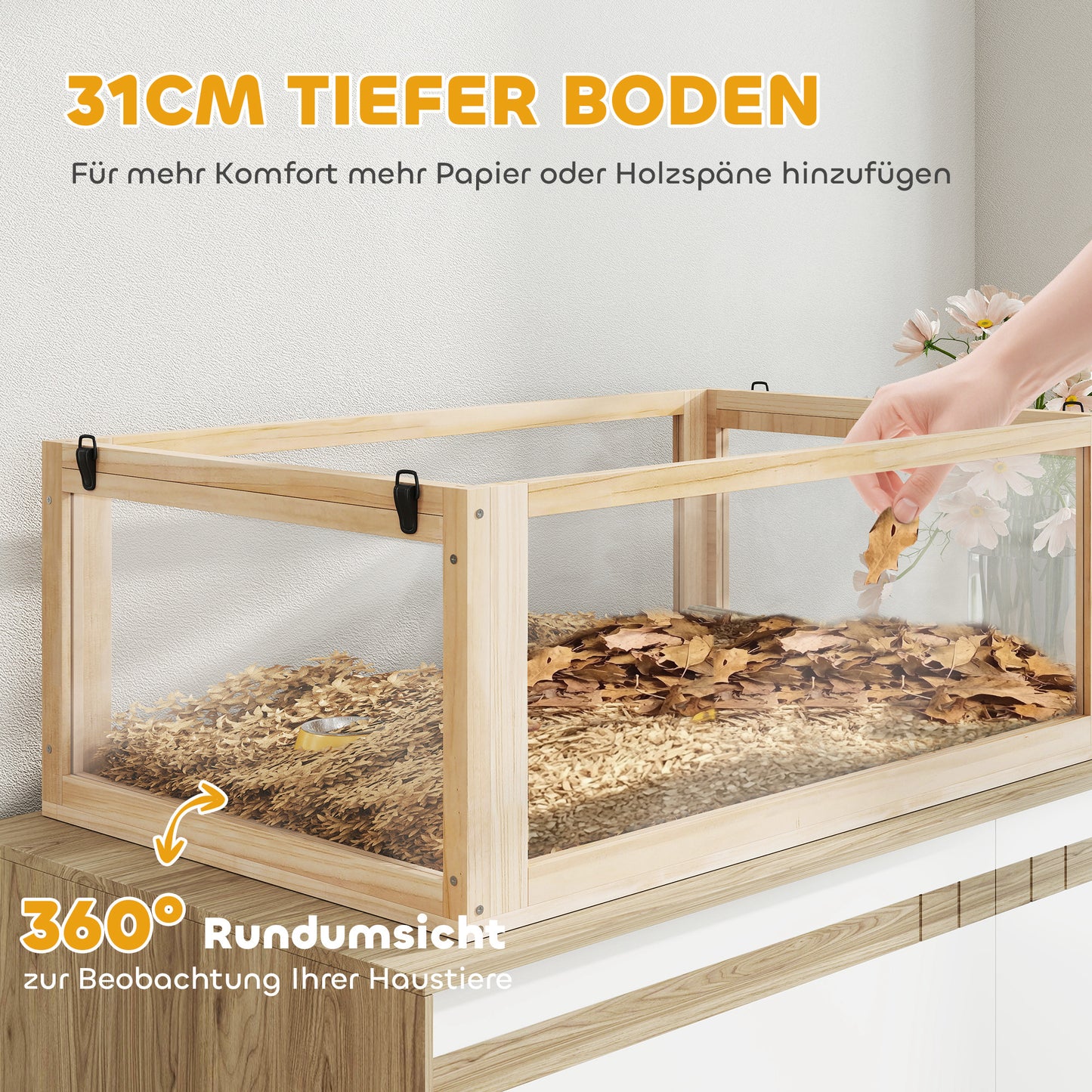 PawHut Hamsterkäfig aus Holz 3 Etagen Nagarium Nagerkäfig mit klappbarem Deckel Laufrad 80 x 50 x 76 cm Naturholz