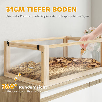 PawHut Hamsterkäfig aus Holz 3 Etagen Nagarium Nagerkäfig mit klappbarem Deckel Laufrad 80 x 50 x 76 cm Naturholz