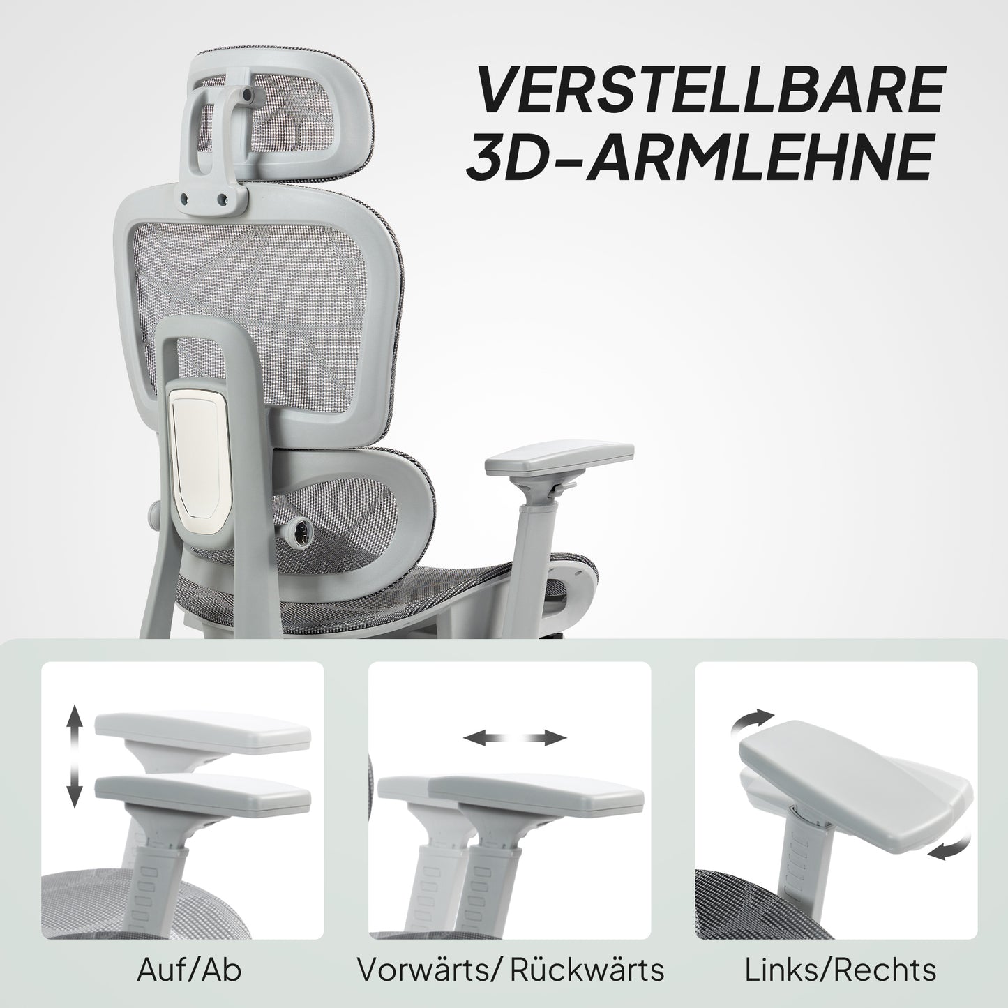 HOMCOM Bürostuhl, Ergonomischer Schreibtischstuhl mit Netzstoffbezug, verstellbar, rollbar, mit Armlehnen, Kopfstütze, Grau