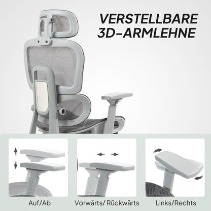HOMCOM Bürostuhl, Ergonomischer Schreibtischstuhl mit Netzstoffbezug, verstellbar, rollbar, mit Armlehnen, Kopfstütze, Grau