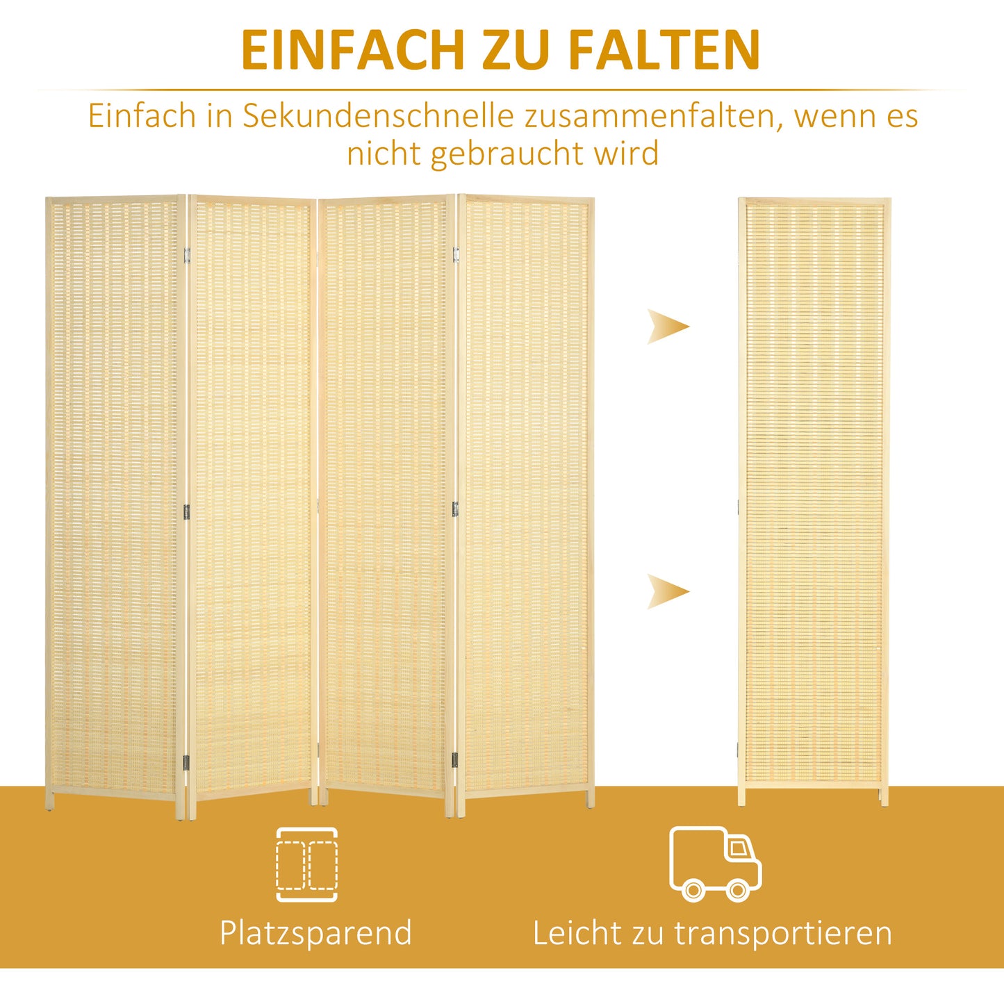 HOMCOM 4-teiliger Raumteiler, 180 x 180 cm, Faltbarer Sichtschutz aus Bambus und Baumwolle für Wohnzimmer, Schlafzimmer, Natur