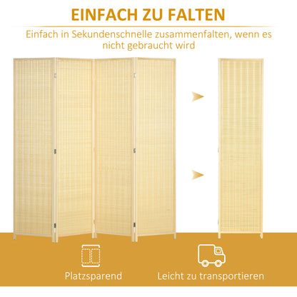 HOMCOM 4-teiliger Raumteiler, 180 x 180 cm, Faltbarer Sichtschutz aus Bambus und Baumwolle für Wohnzimmer, Schlafzimmer, Natur