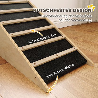 PawHut Haustiertreppe, Hundetreppe, Kiefernholz, Anti-Rutsch-Beschichtung, 90 cm x 40 cm x 45 cm, Natur + Grau