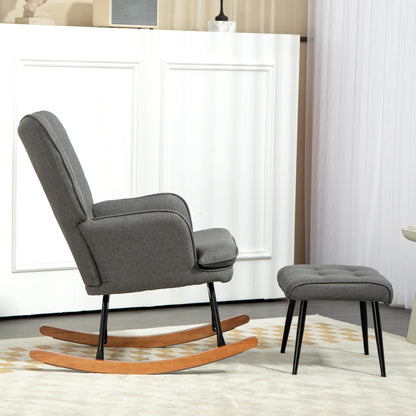 HOMCOM Schaukelstuhl mit Hocker, komfortabel, bis 130 kg, Leinenoptik, 64x89x90cm, Dunkelgrau