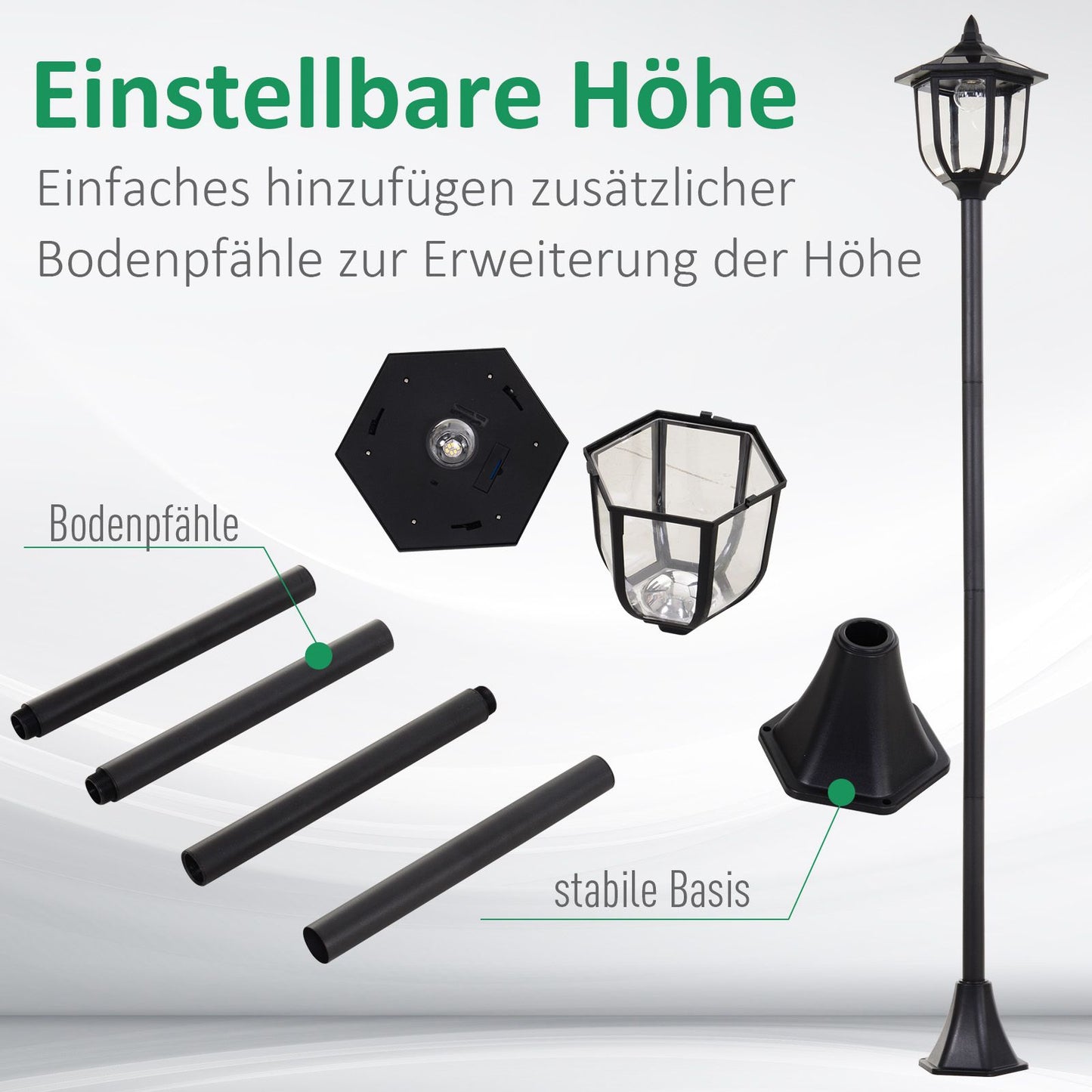 Outsunny Solar LED Gartenlaterne, Laterne aus Kunststoff, Außenleuchte für Innen and Außen 177 cm hoch, Gartenleuchte, 30/60 Lumen, für Garten Balkon Deko Schwarz