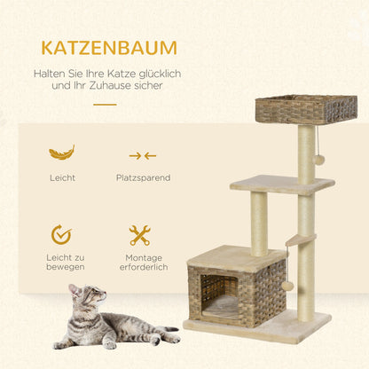 PawHut Rattan Katzenbaum Kratzbaum Kätzchen Möbel mit Katzenhöhle Ballspielzeug Sisal weiche Plüsch PE Höhe 108 cm Braun+Beige