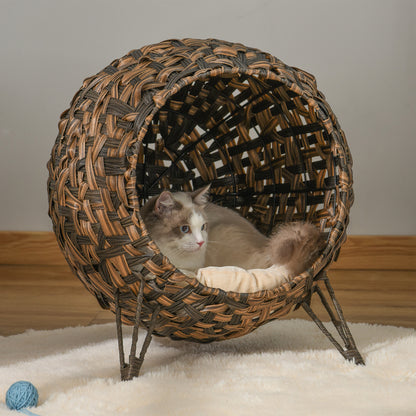 PawHut Katzenhaus från Rattan mit Kissen Katzenschlafplatz Katzenhöhle mit erhöhten Füßen Braun Ø52 x 58 cm