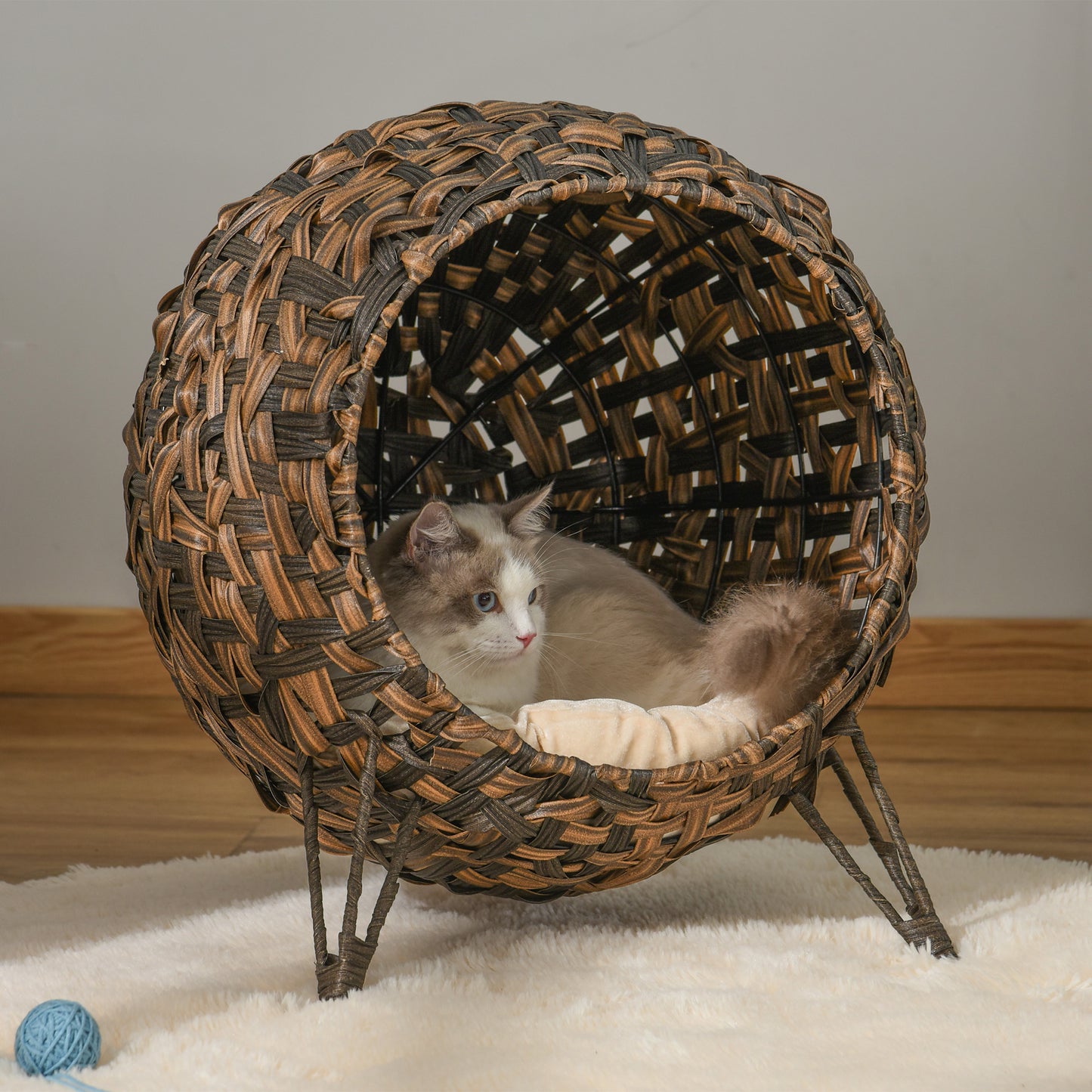 PawHut Katzenhaus från Rattan mit Kissen Katzenschlafplatz Katzenhöhle mit erhöhten Füßen Braun Ø52 x 58 cm
