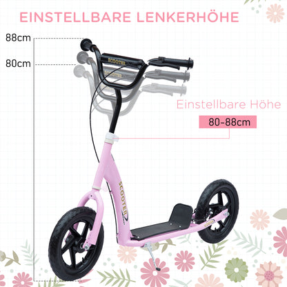 HOMCOM Tretroller, Scooter für Kinder, mit Handbremse, Ständer, 12 Zoll Räder, ab 5 Jahren, Stahl, Rosa 120 x 52 x 88 cm