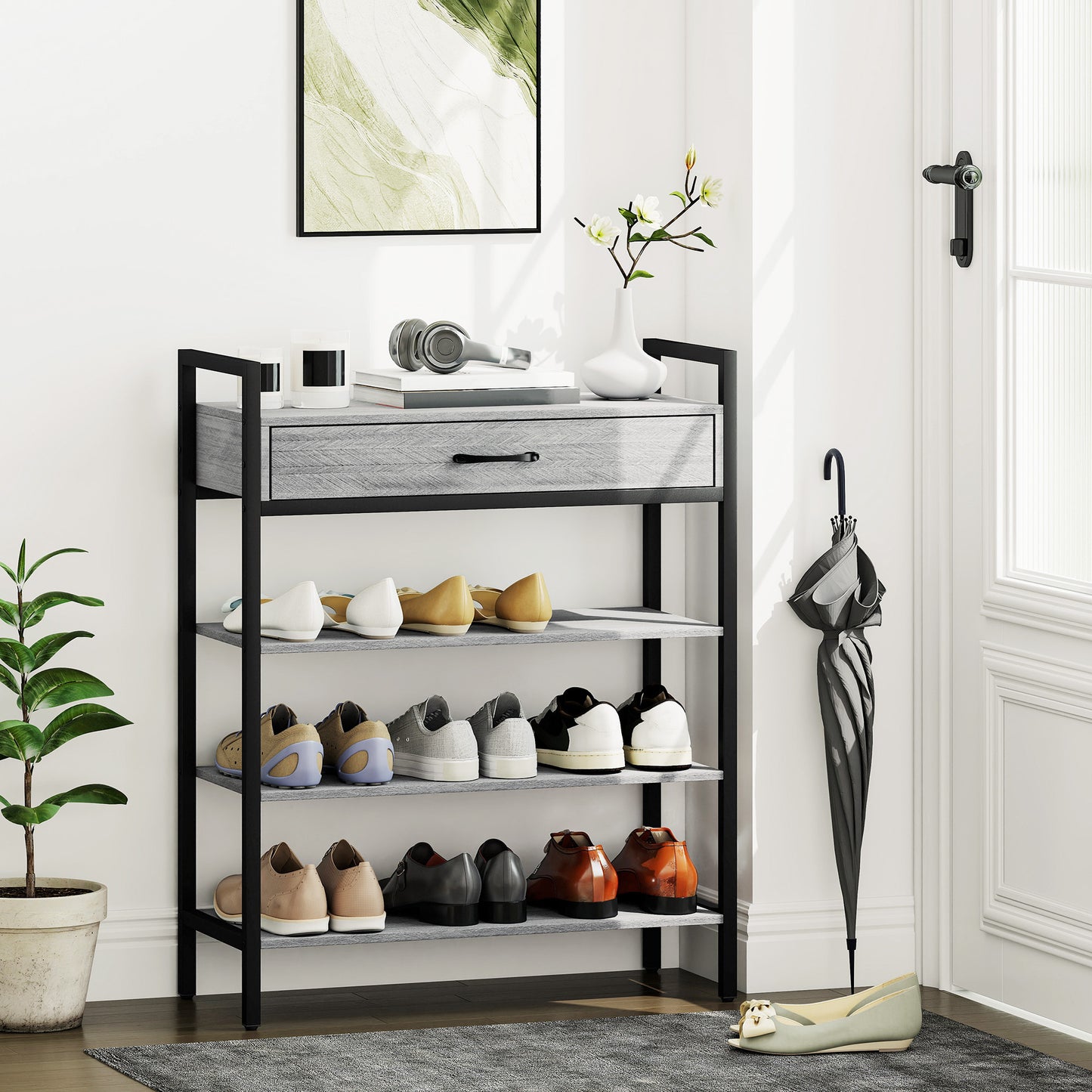 HOMCOM 4-stufiges Schuhregal, Flurregal für bis zu 9 Paar Schuhe, Spanplatte, Metall, Grau