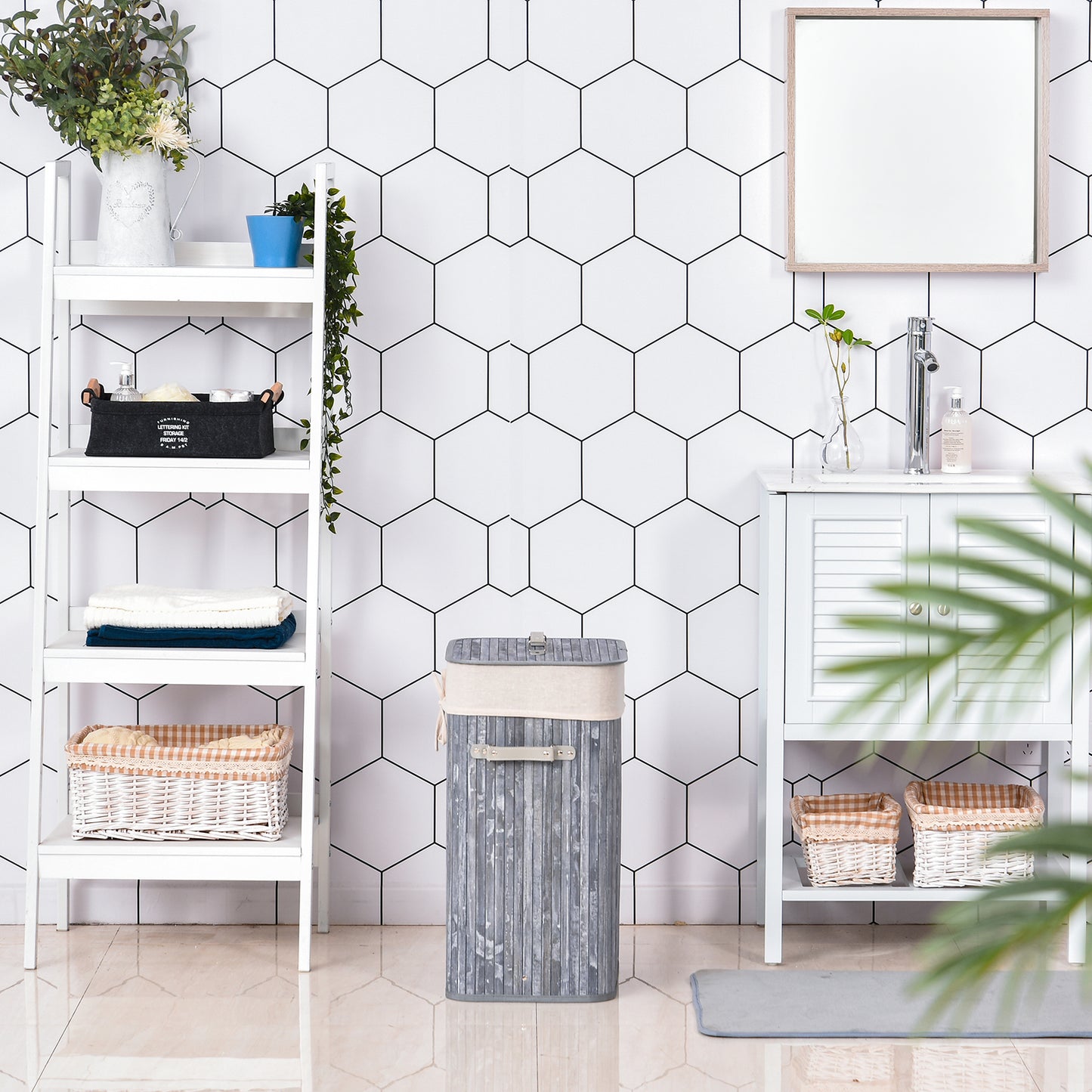 HOMCOM Wäschekorb schmal mit Deckel 72L Wäschesammler mit Griff, herausnehmbarer Wäschesack, Wäschebox für Waschküche Schlafzimmer Badezimmer, Grau