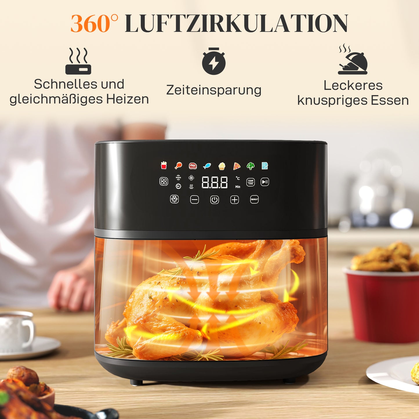 HOMCOM Heißluftfritteuse, Air Fryer, 8 Programme, 8 Liter, LED-Screen, Schwarz