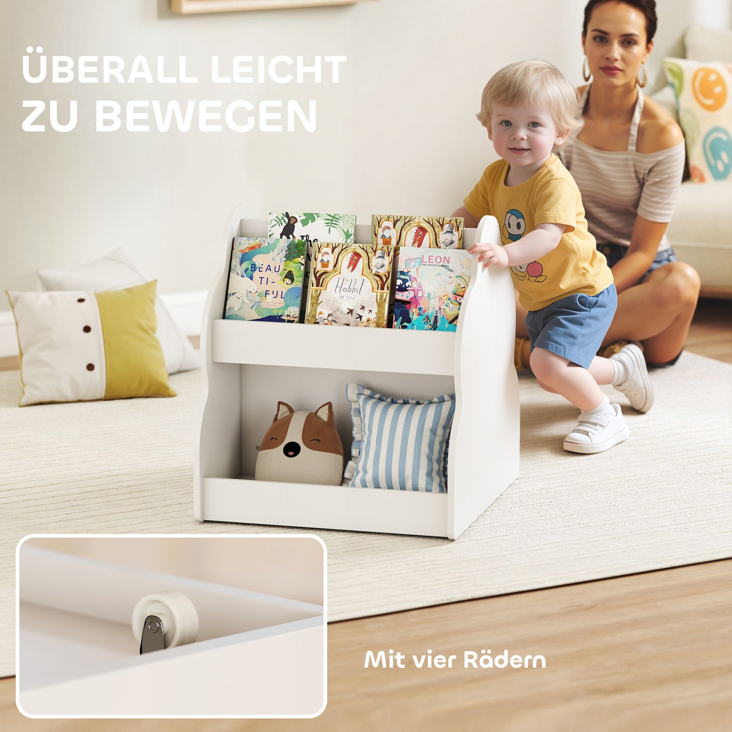 AIYAPLAY Kinderregal, 2-stöckiges Kinder-Bücherregal mit Rädern, 4 Regalen, für Kinderzimmer, Spielzimmer, 54x50x56 cm, Weiß