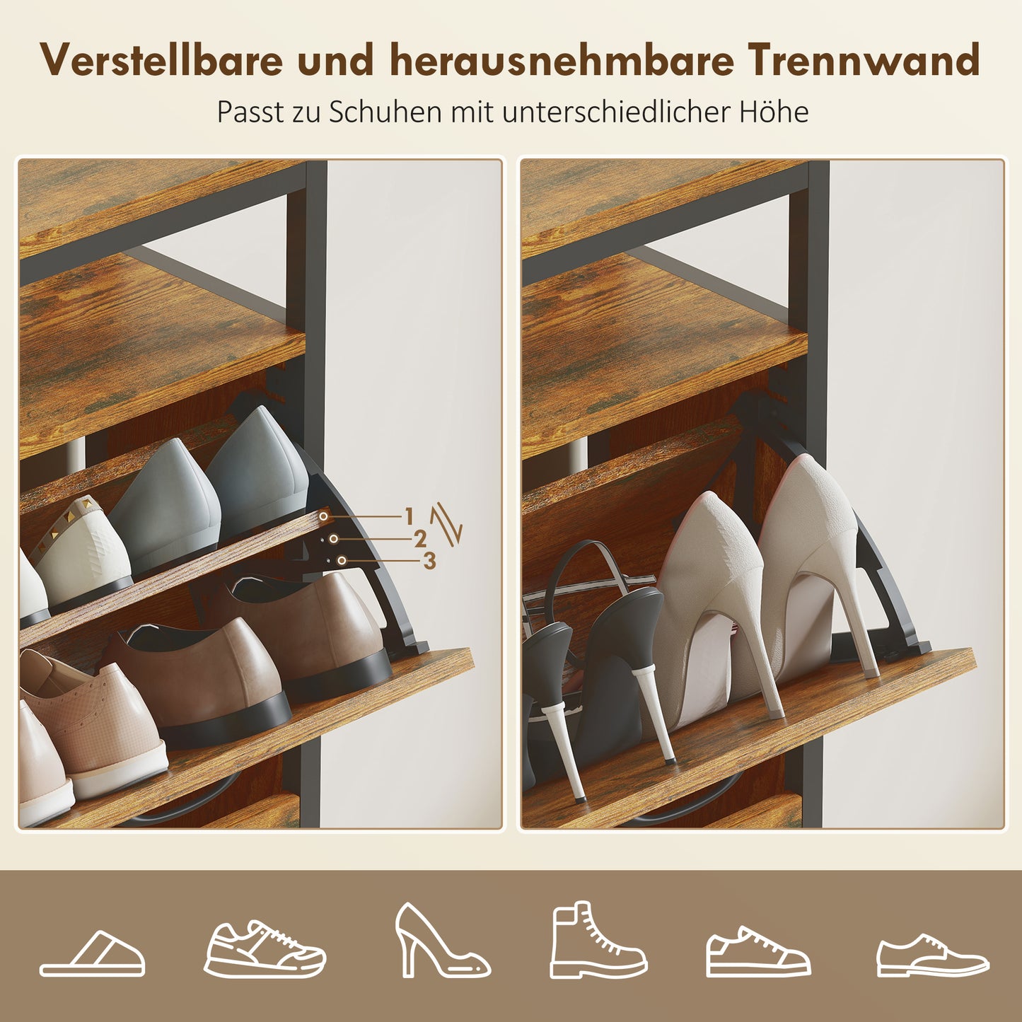 HOMCOM Schuhschrank mit 4 klappbaren Schubladen, schmales Design, offenes Regal, für 12-20 Paar Schuhe, Stahl, Braun
