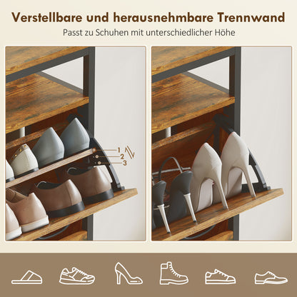 HOMCOM Schuhschrank mit 4 klappbaren Schubladen, schmales Design, offenes Regal, für 12-20 Paar Schuhe, Stahl, Braun